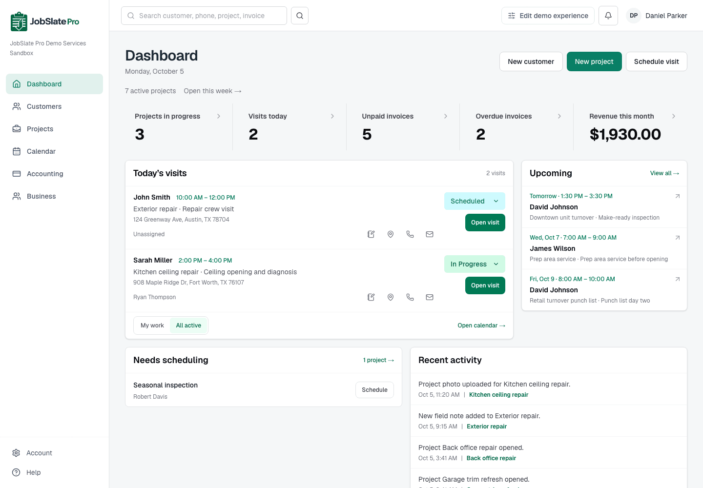 JobSlate Pro dashboard showing today's visits, upcoming work, and workspace activity using sample data